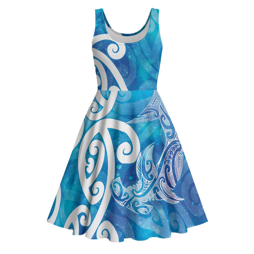 Hammerhead Shark Tattoo New Zealand Midi Dress Maori Galaxy Mangopare Pattern LT14 Turquoise - Polynesian Pride
