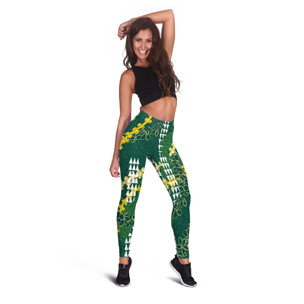 Hawaii Aloha Kakau Leggings Green Puakenikeni and Maile Lei Twist