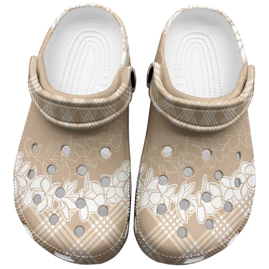 Hawaii Aloha Plumeria Lei Beige Palaka Clogs Shoes - Polynesian Pride