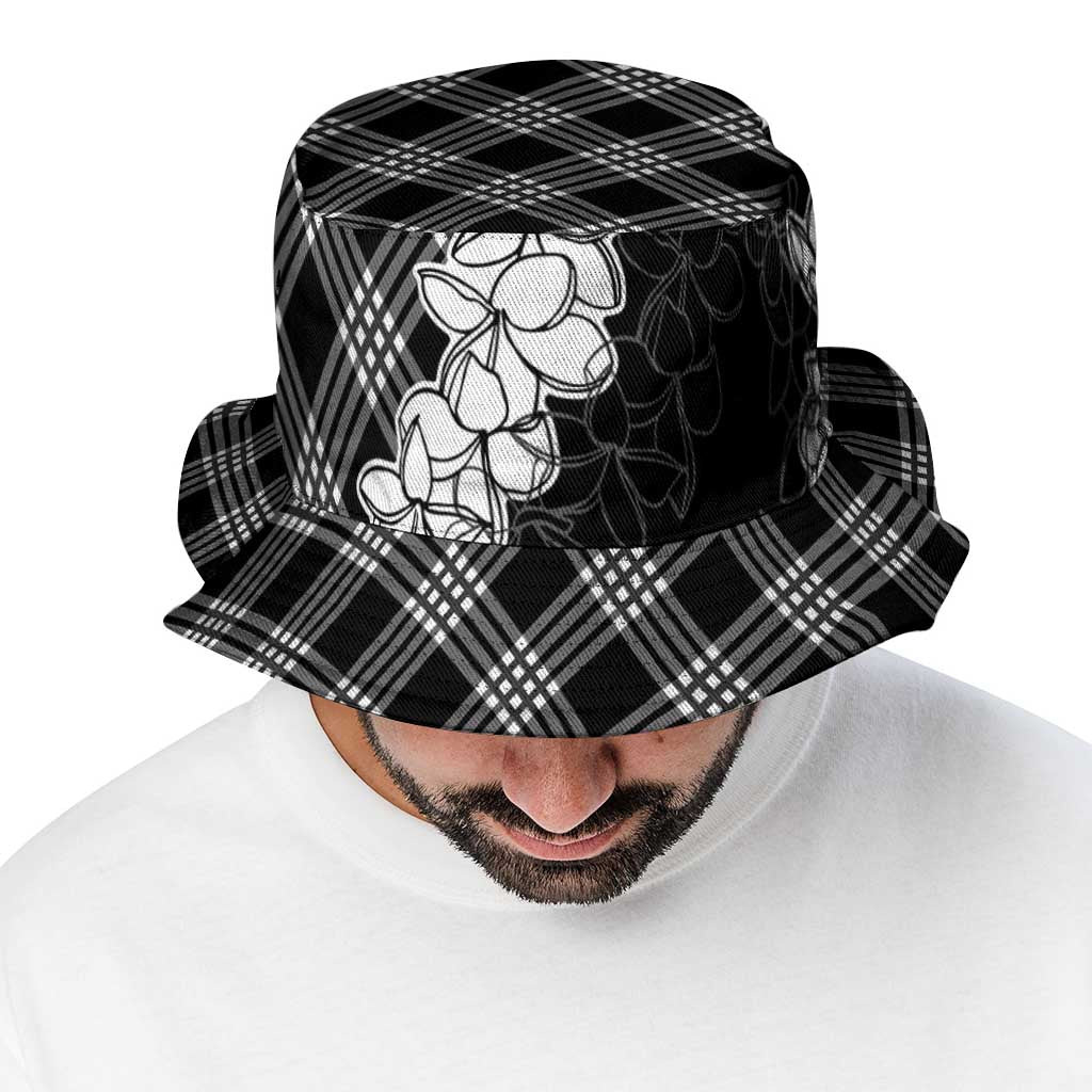 Hawaii Aloha Plumeria Lei Black Palaka Bucket Hat - Polynesian Pride