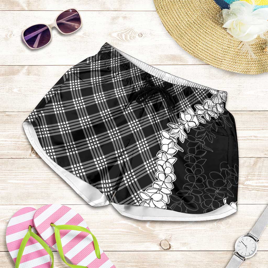 Hawaii Aloha Plumeria Lei Black Palaka Shorts for Women - Polynesian Pride