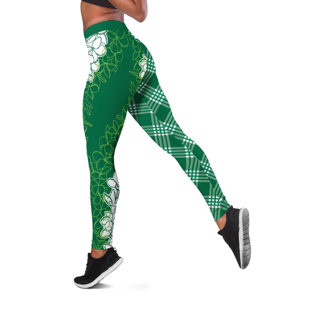 Hawaii Aloha Plumeria Lei Green Palaka Leggings - Polynesian Pride