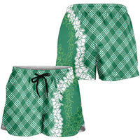 Hawaii Aloha Plumeria Lei Green Palaka Shorts for Women - Polynesian Pride