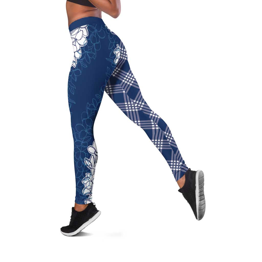 Hawaii Aloha Plumeria Lei Navy Palaka Leggings - Polynesian Pride