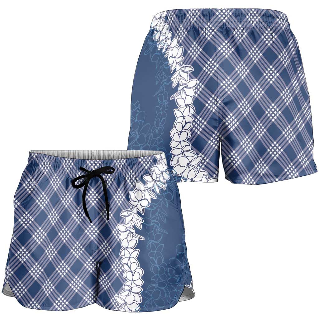 Hawaii Aloha Plumeria Lei Navy Palaka Shorts for Women - Polynesian Pride