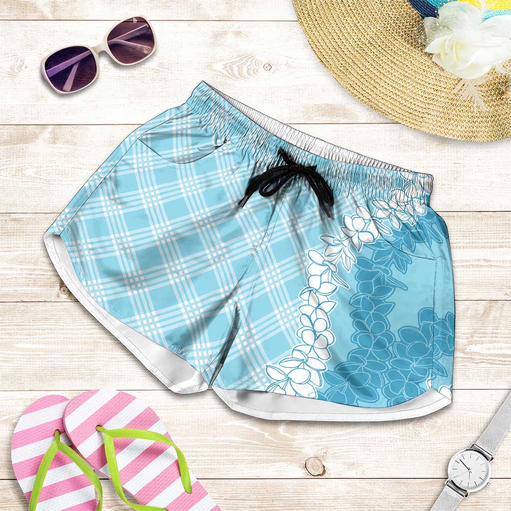 Hawaii Aloha Plumeria Lei Turquoise Palaka Shorts for Women LT7 Turquoise - Polynesian Pride