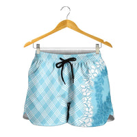 Hawaii Aloha Plumeria Lei Turquoise Palaka Shorts for Women LT7 - Polynesian Pride