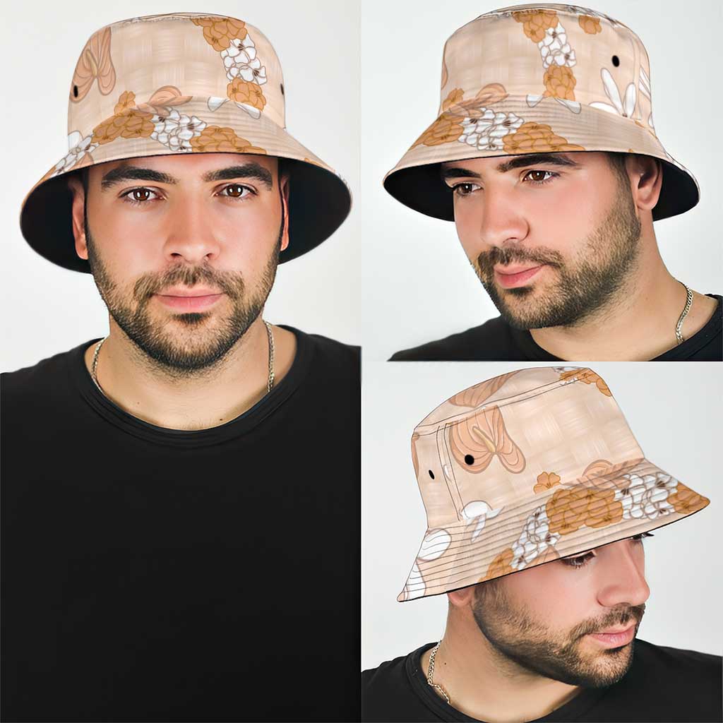 Hawaii Anthurium Tiare Pikake Lei Bucket Hat Alani Lauhala Art Pattern LT01 - Polynesian Pride