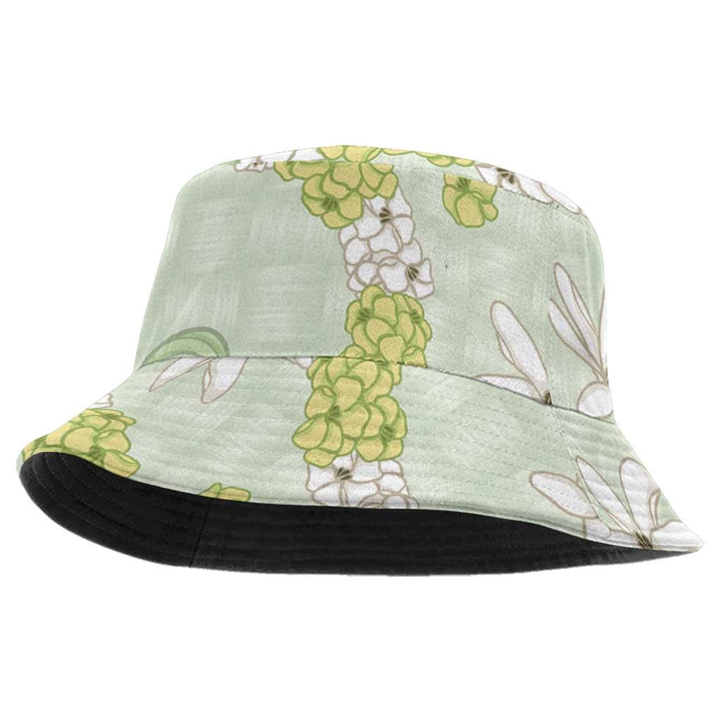 Hawaii Anthurium Tiare Pikake Lei Bucket Hat Sage Green Lauhala Art Pattern LT01 One Size Green - Polynesian Pride