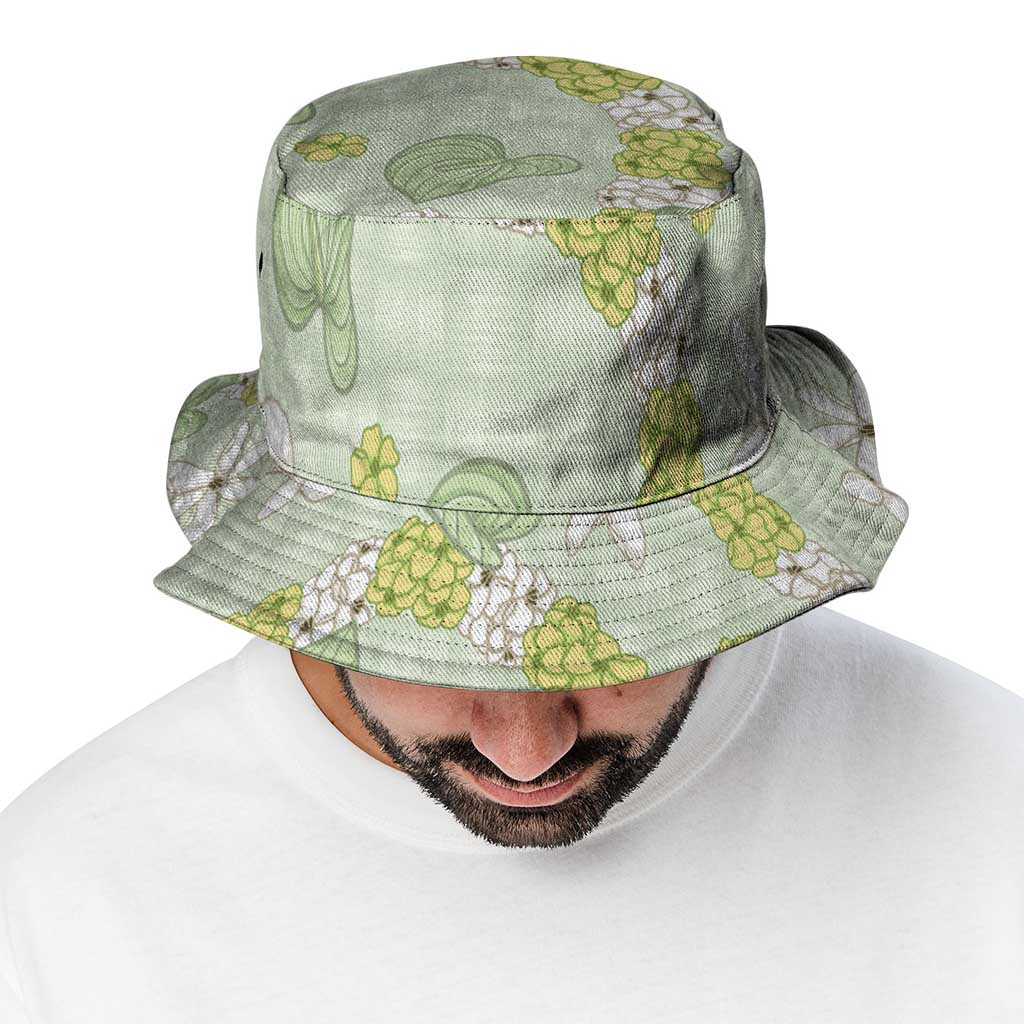 Hawaii Anthurium Tiare Pikake Lei Bucket Hat Sage Green Lauhala Art Pattern LT01 - Polynesian Pride