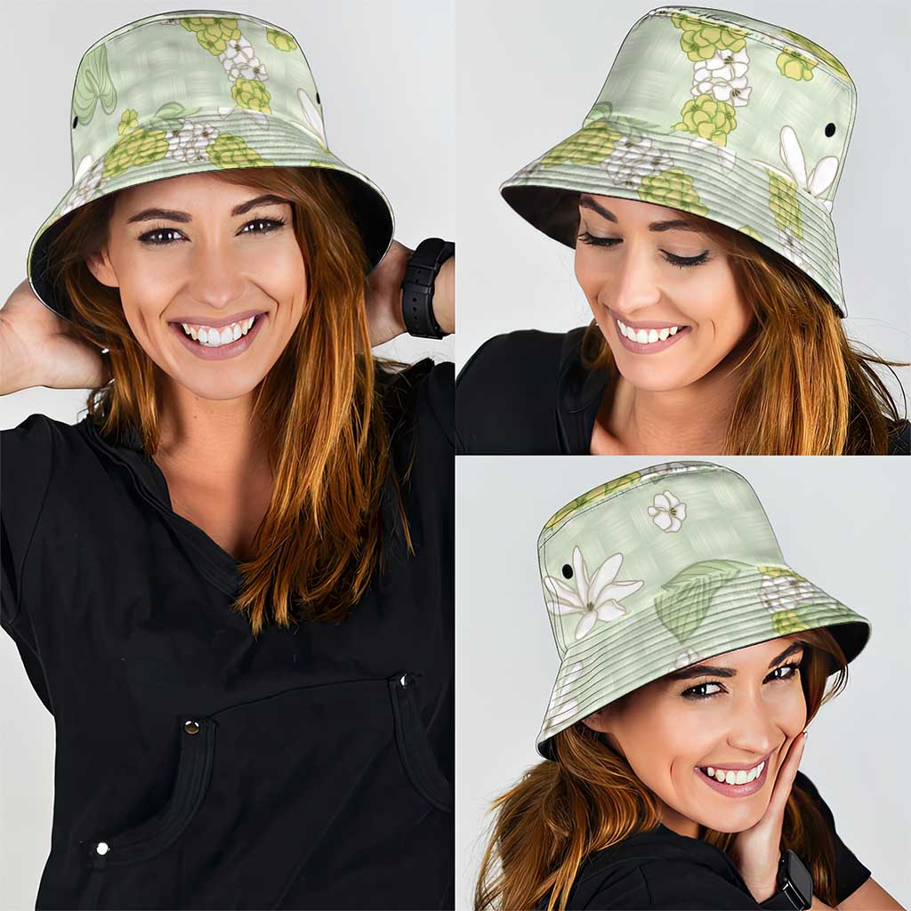 Hawaii Anthurium Tiare Pikake Lei Bucket Hat Sage Green Lauhala Art Pattern LT01 - Polynesian Pride