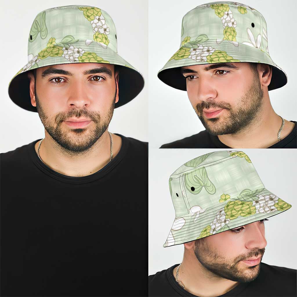 Hawaii Anthurium Tiare Pikake Lei Bucket Hat Sage Green Lauhala Art Pattern LT01 - Polynesian Pride