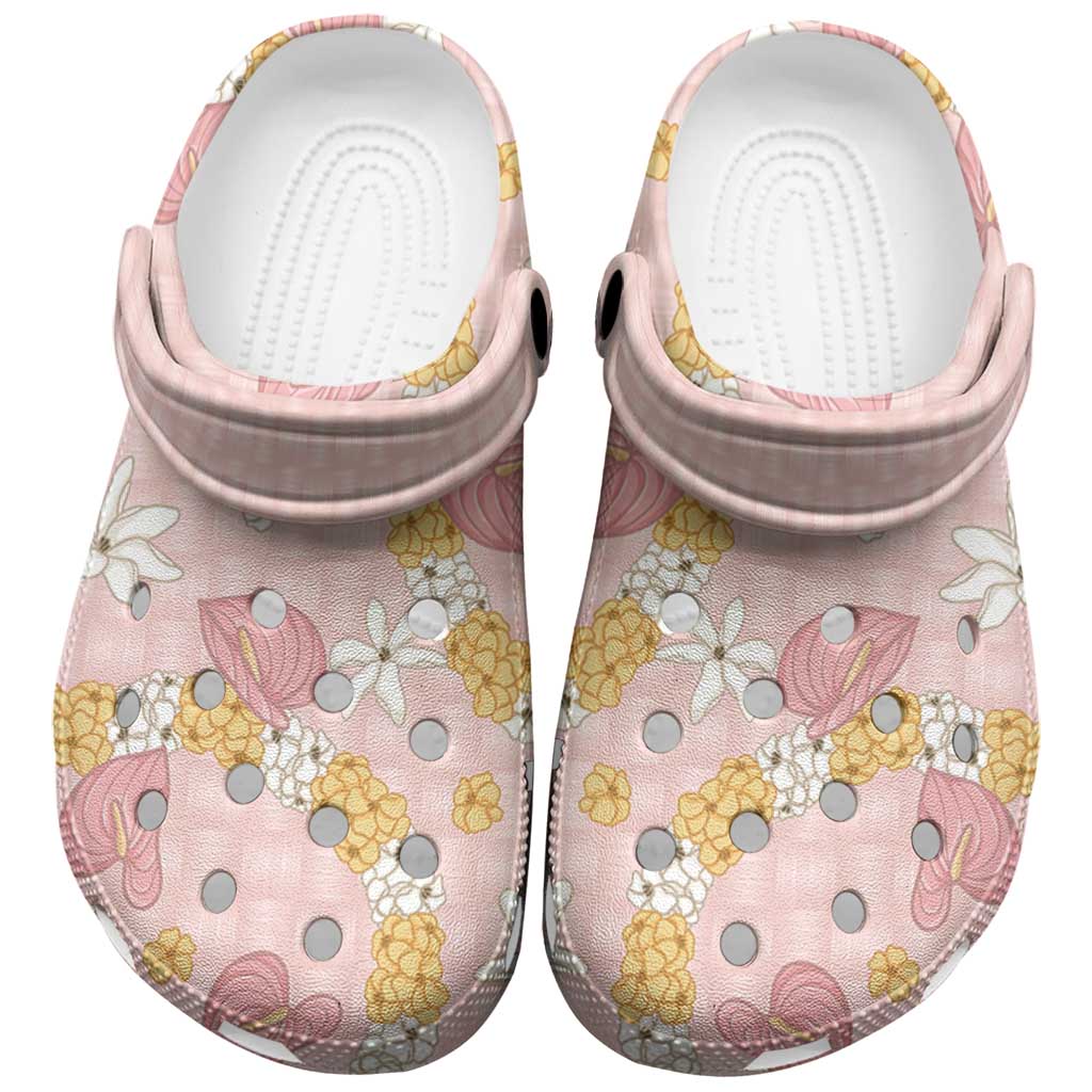 Hawaii Anthurium Tiare Pikake Lei Clogs Shoes Akala Lauhala Art Pattern LT01 Pink - Polynesian Pride