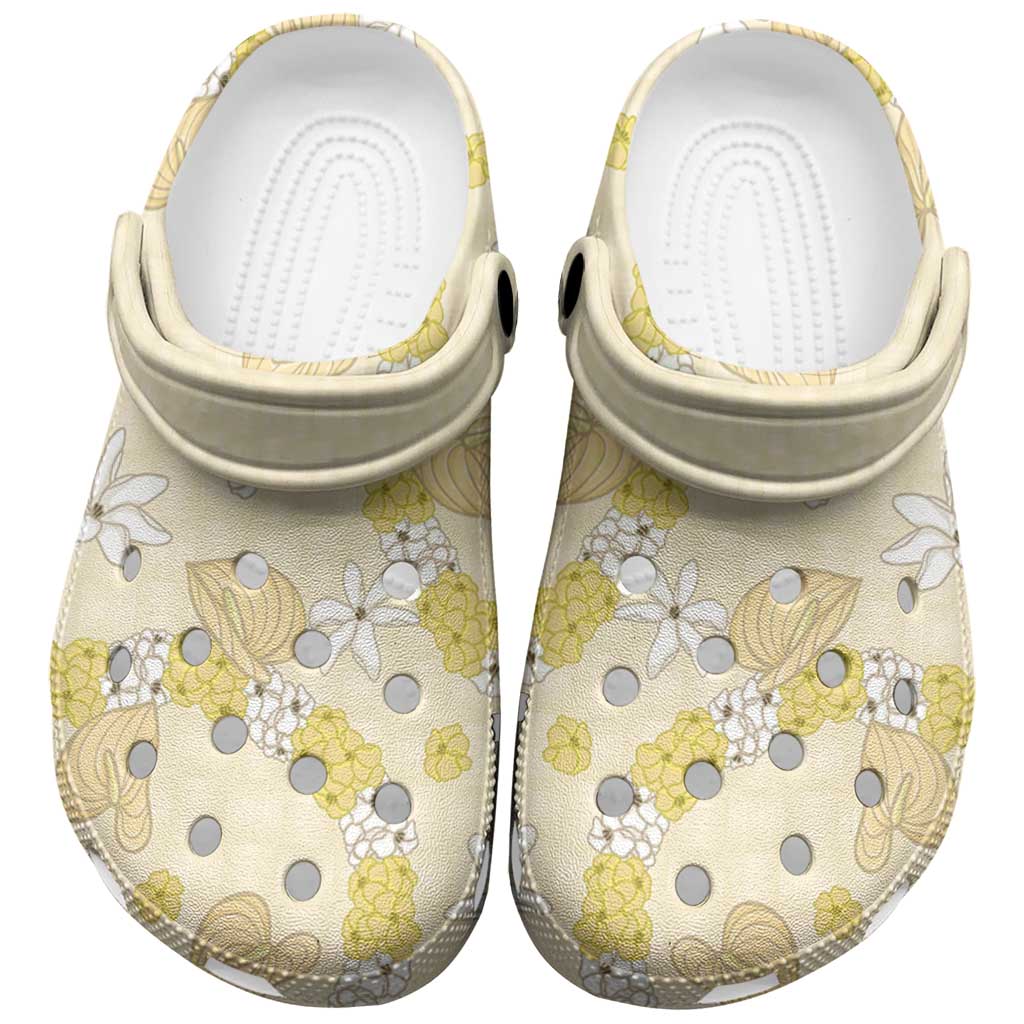 Hawaii Anthurium Tiare Pikake Lei Clogs Shoes Melemele Lauhala Art Pattern LT01 Yellow - Polynesian Pride