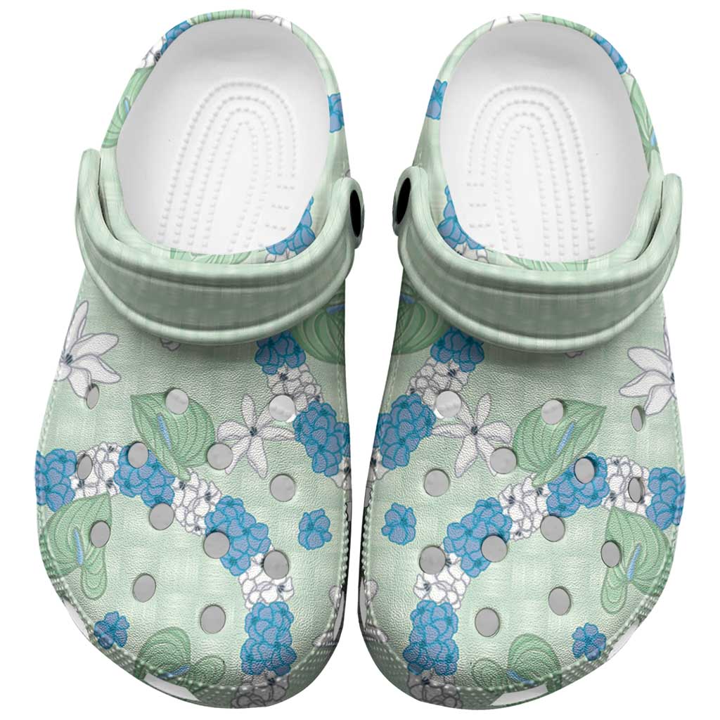 Hawaii Anthurium Tiare Pikake Lei Clogs Shoes Omaomao Lauhala Art Pattern LT01 Green - Polynesian Pride