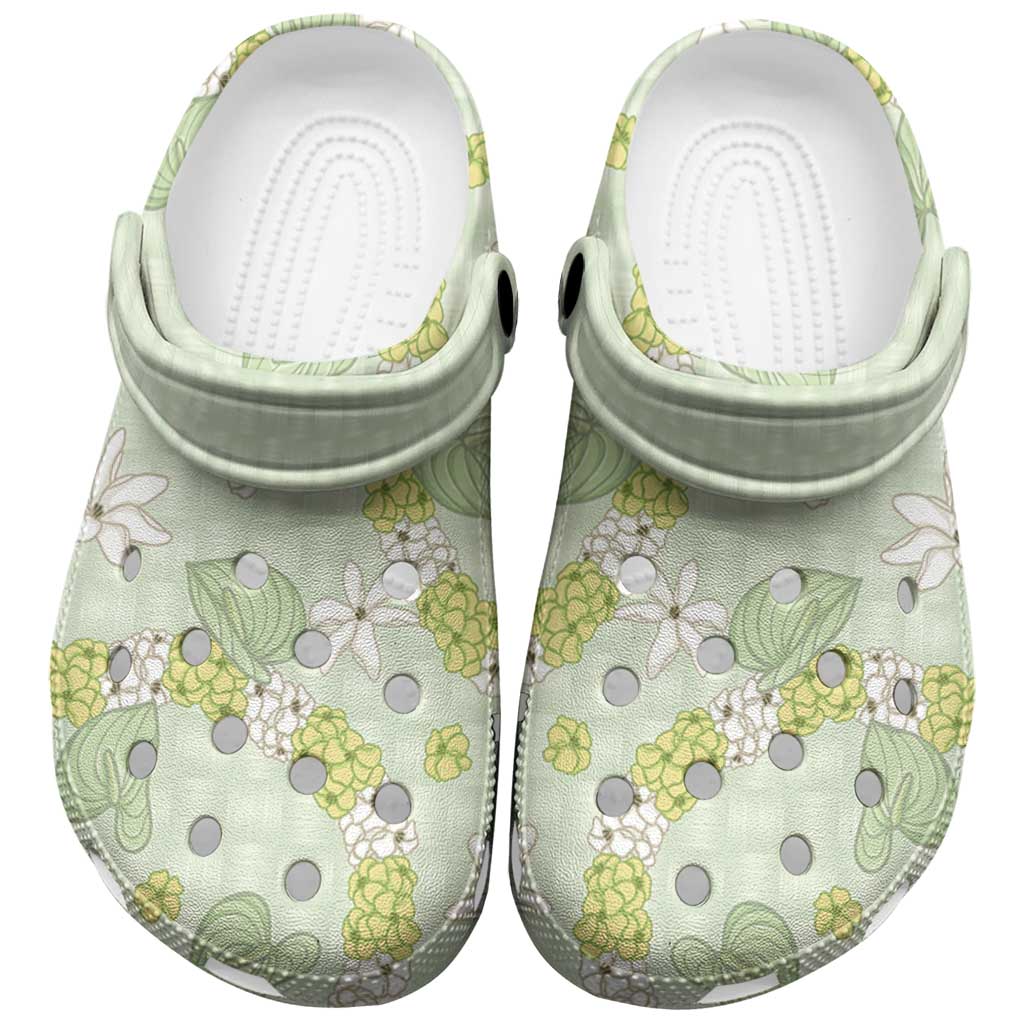 Hawaii Anthurium Tiare Pikake Lei Clogs Shoes Sage Green Lauhala Art Pattern LT01 Green - Polynesian Pride