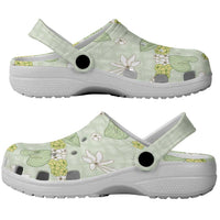 Hawaii Anthurium Tiare Pikake Lei Clogs Shoes Sage Green Lauhala Art Pattern LT01 - Polynesian Pride