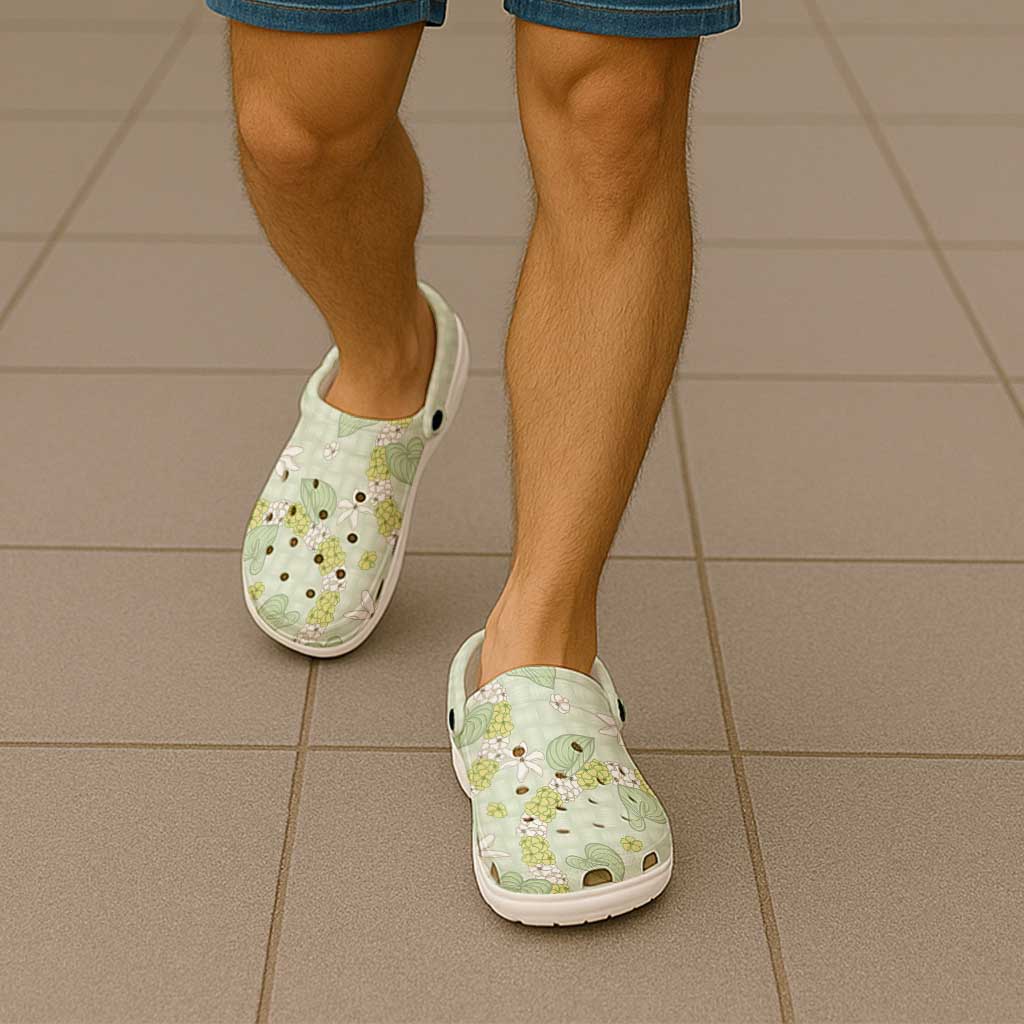 Hawaii Anthurium Tiare Pikake Lei Clogs Shoes Sage Green Lauhala Art Pattern LT01 - Polynesian Pride