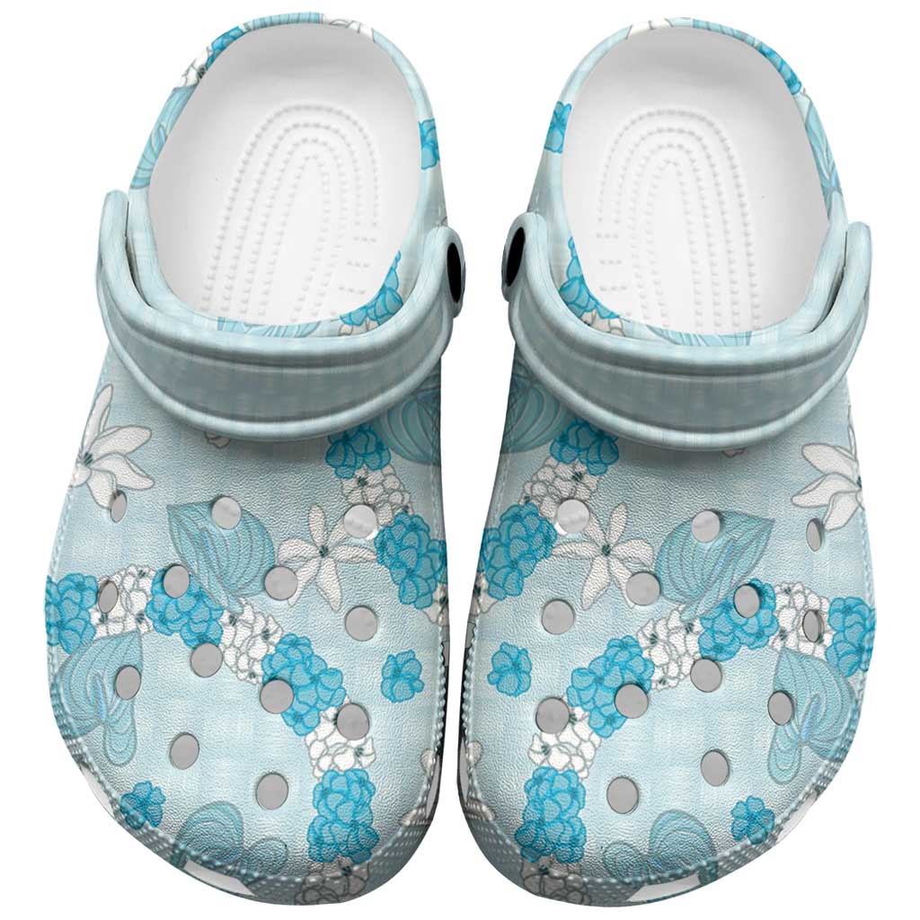 Hawaii Anthurium Tiare Pikake Lei Clogs Shoes UliUli Lauhala Art Pattern LT01 Blue - Polynesian Pride
