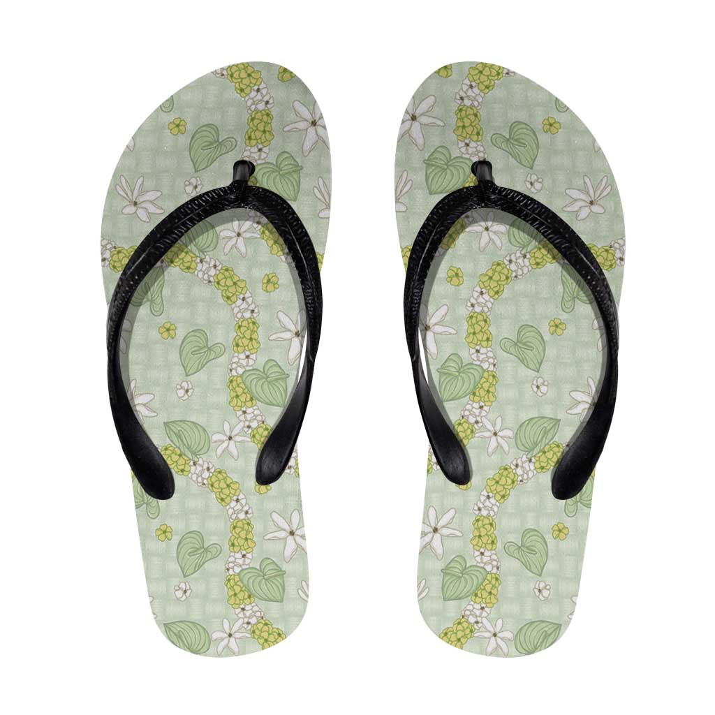 Hawaii Anthurium Tiare Pikake Lei Flip Flops Sage Green Lauhala Art Pattern LT01 Green - Polynesian Pride