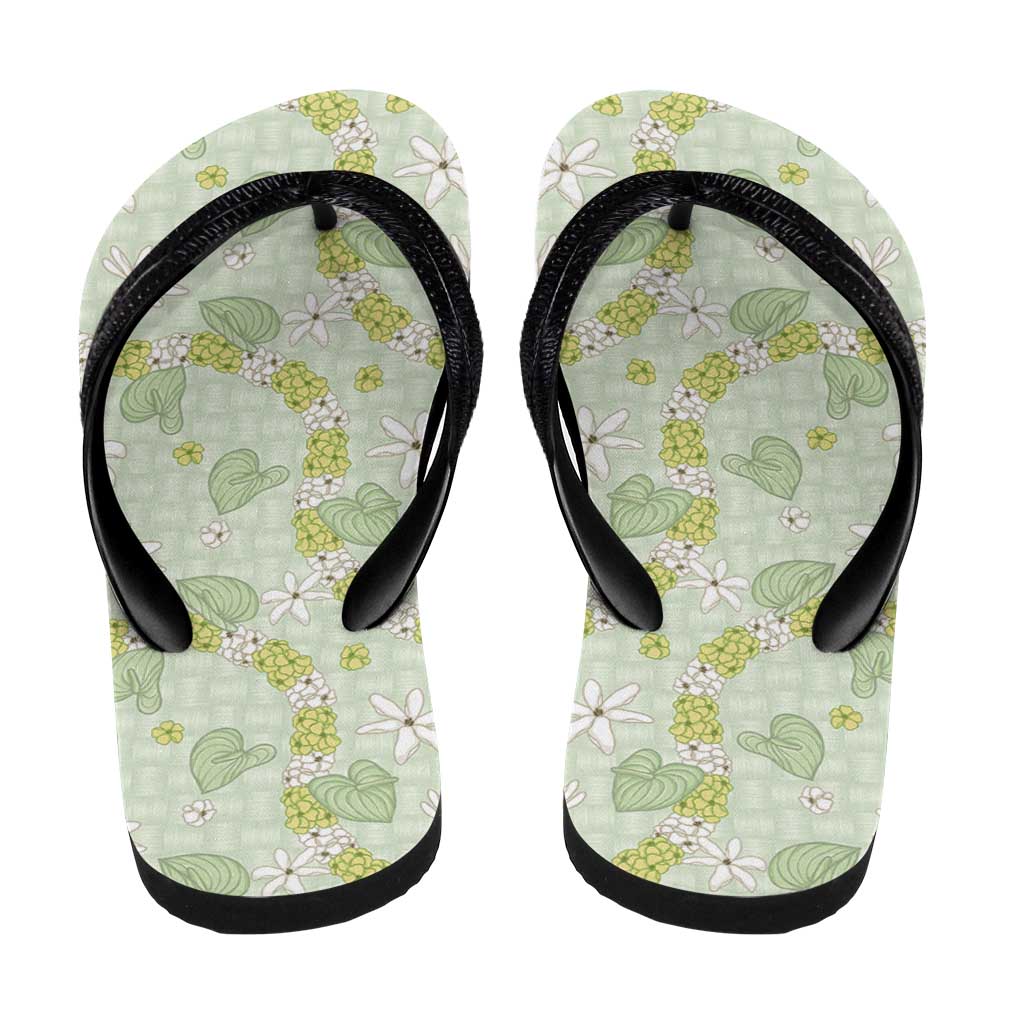 Hawaii Anthurium Tiare Pikake Lei Flip Flops Sage Green Lauhala Art Pattern LT01 - Polynesian Pride