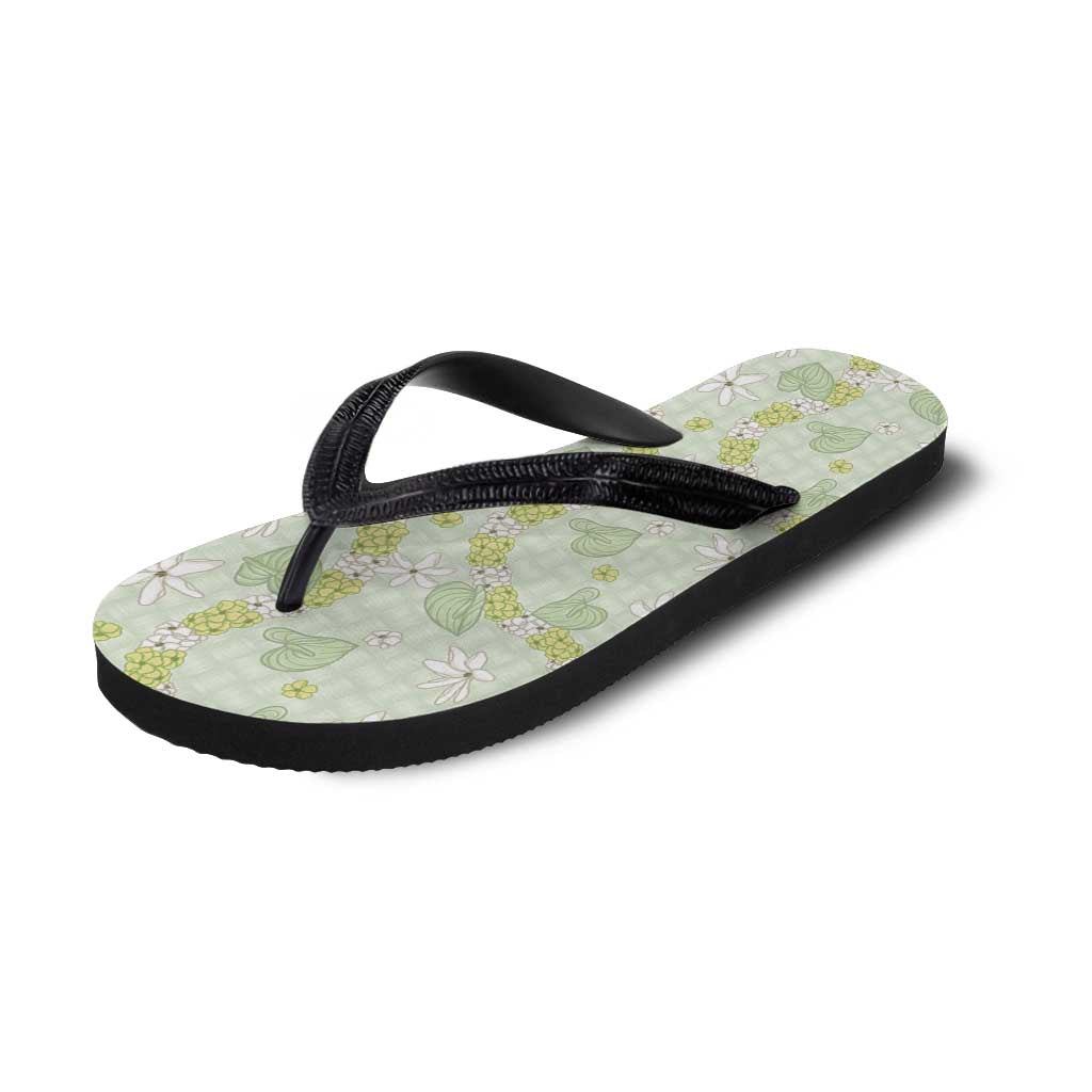 Hawaii Anthurium Tiare Pikake Lei Flip Flops Sage Green Lauhala Art Pattern LT01 - Polynesian Pride