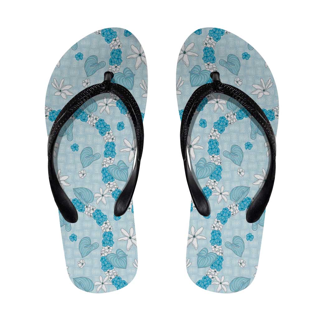 Hawaii Anthurium Tiare Pikake Lei Flip Flops UliUli Lauhala Art Pattern LT01 Blue - Polynesian Pride