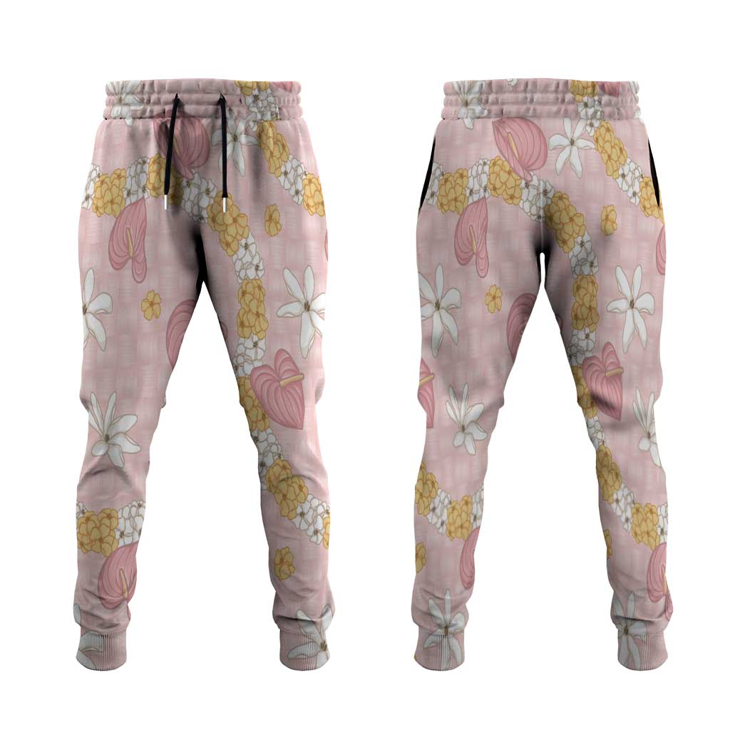 Hawaii Anthurium Tiare Pikake Lei Jogger Pants Akala Lauhala Art Pattern LT01 Pink - Polynesian Pride