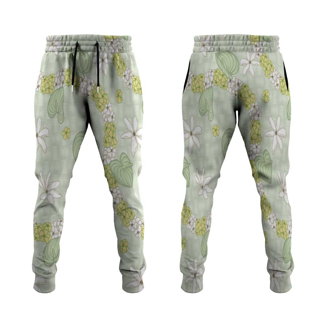 Hawaii Anthurium Tiare Pikake Lei Jogger Pants Sage Green Lauhala Art Pattern LT01 Green - Polynesian Pride