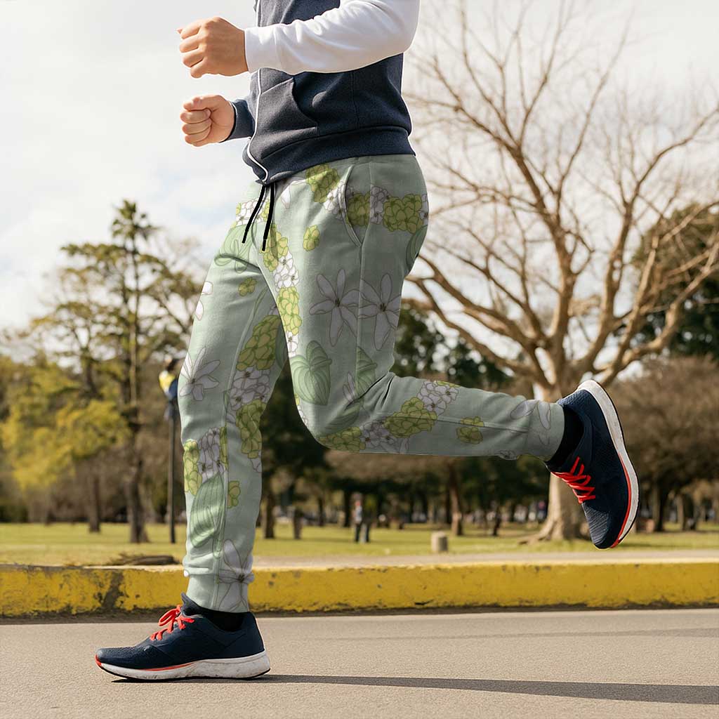 Hawaii Anthurium Tiare Pikake Lei Jogger Pants Sage Green Lauhala Art Pattern LT01 - Polynesian Pride