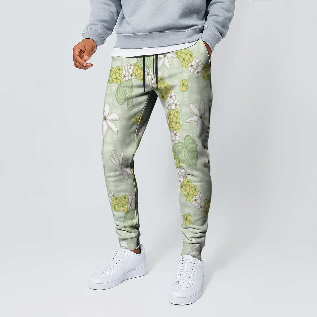 Hawaii Anthurium Tiare Pikake Lei Jogger Pants Sage Green Lauhala Art Pattern LT01 - Polynesian Pride