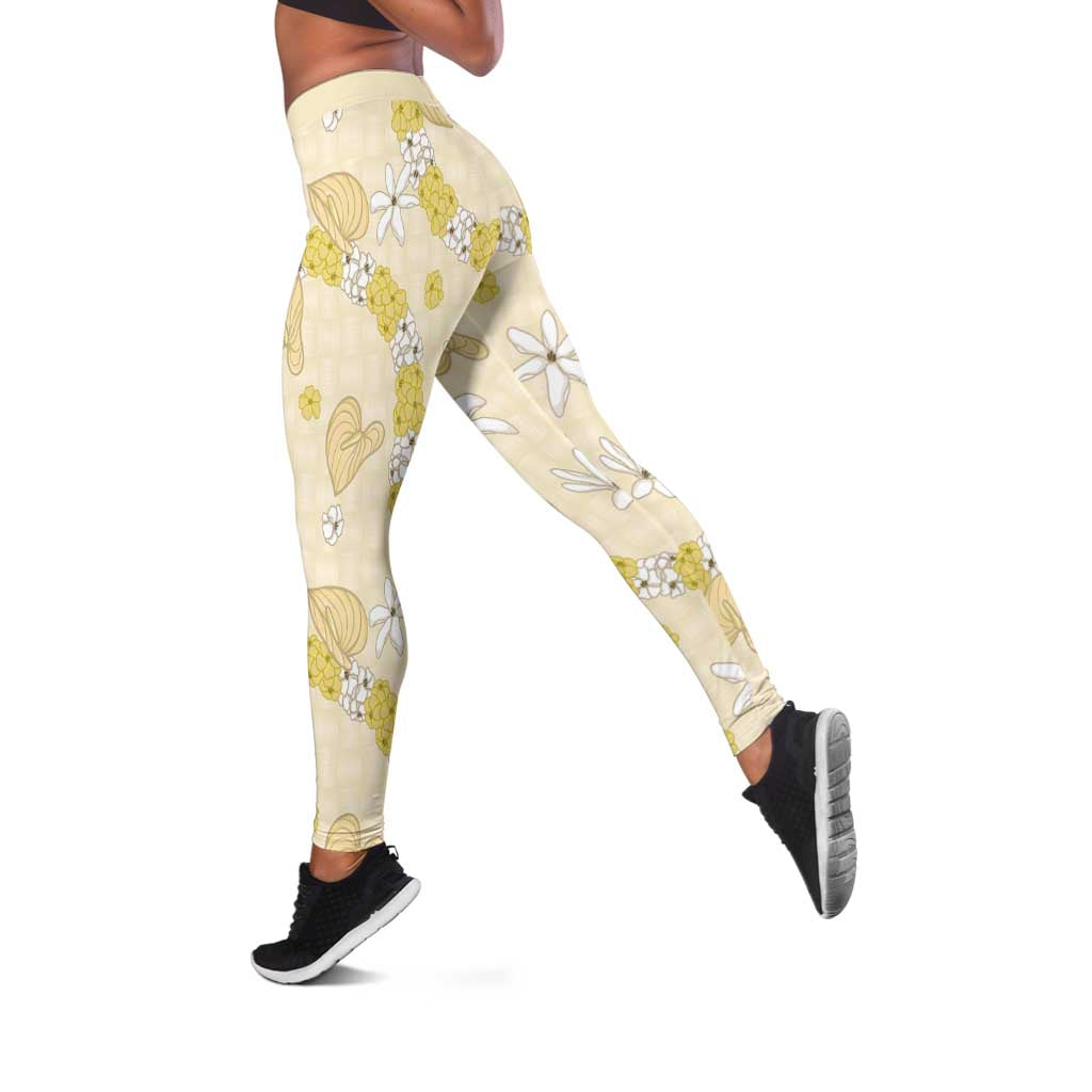 Hawaii Anthurium Tiare Pikake Lei Leggings Melemele Lauhala Art Pattern LT01 Yellow - Polynesian Pride