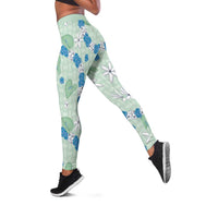 Hawaii Anthurium Tiare Pikake Lei Leggings Omaomao Lauhala Art Pattern LT01 Green - Polynesian Pride