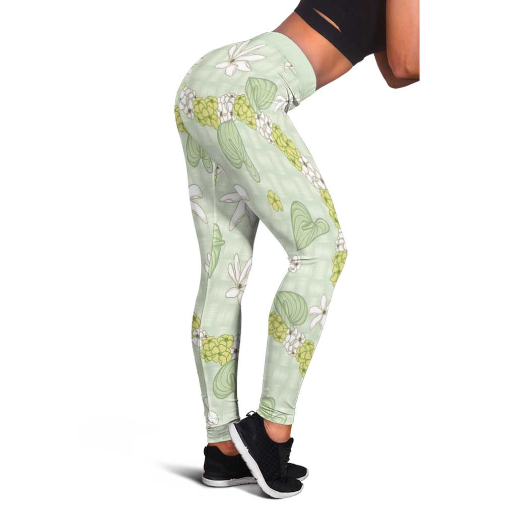 Hawaii Anthurium Tiare Pikake Lei Leggings Sage Green Lauhala Art Pattern LT01 - Polynesian Pride