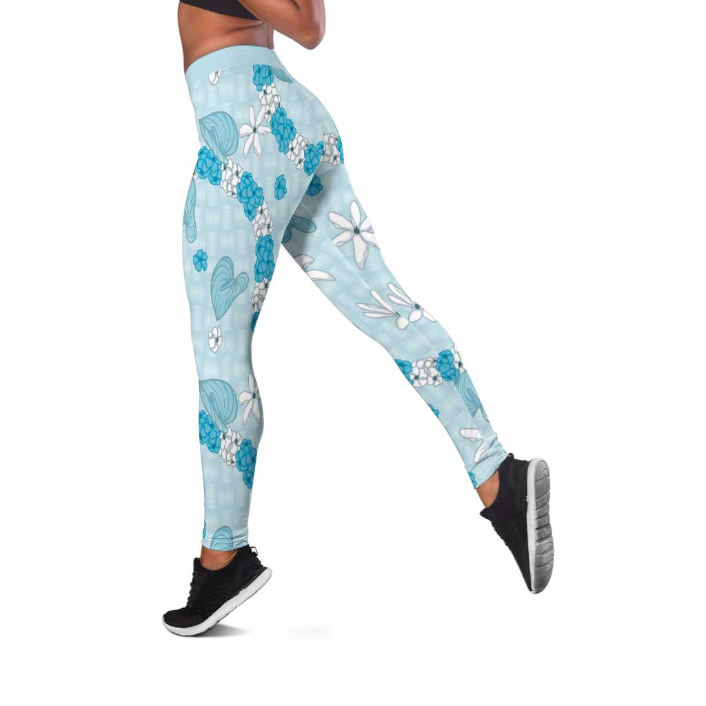 Hawaii Anthurium Tiare Pikake Lei Leggings UliUli Lauhala Art Pattern LT01 Blue - Polynesian Pride