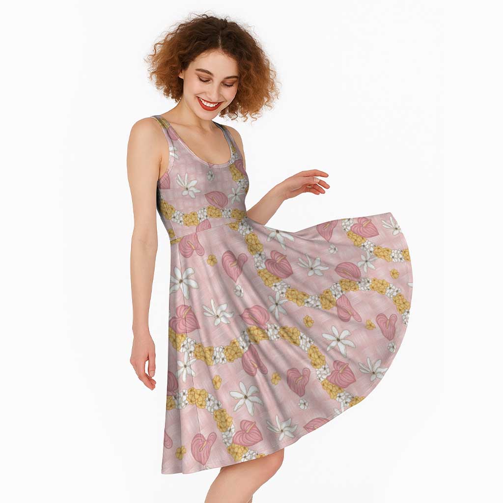 Hawaii Anthurium Tiare Pikake Lei Midi Dress Akala Lauhala Art Pattern LT01 - Polynesian Pride