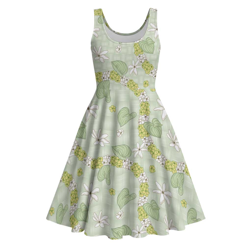 Hawaii Anthurium Tiare Pikake Lei Midi Dress Sage Green Lauhala Art Pattern LT01 Green - Polynesian Pride