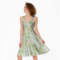 Hawaii Anthurium Tiare Pikake Lei Midi Dress Sage Green Lauhala Art Pattern LT01 - Polynesian Pride