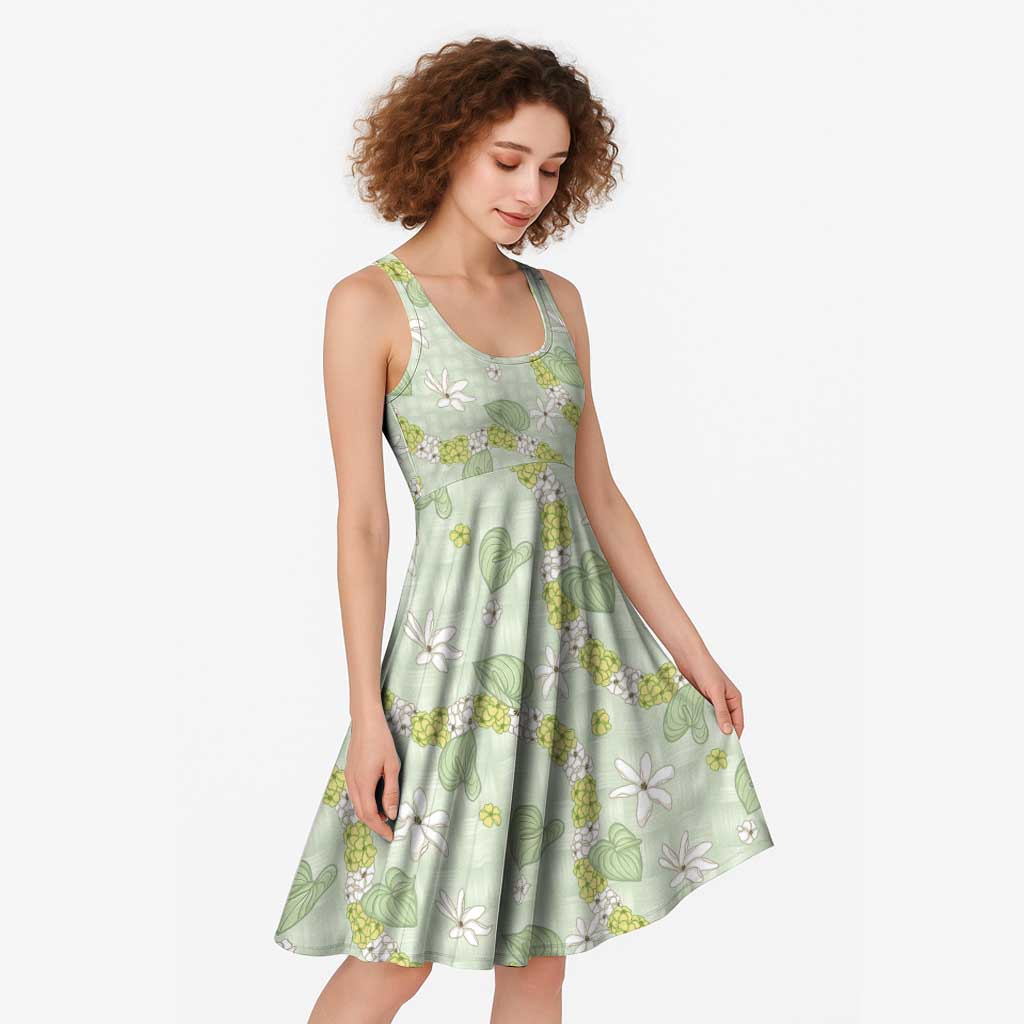 Hawaii Anthurium Tiare Pikake Lei Midi Dress Sage Green Lauhala Art Pattern LT01 - Polynesian Pride