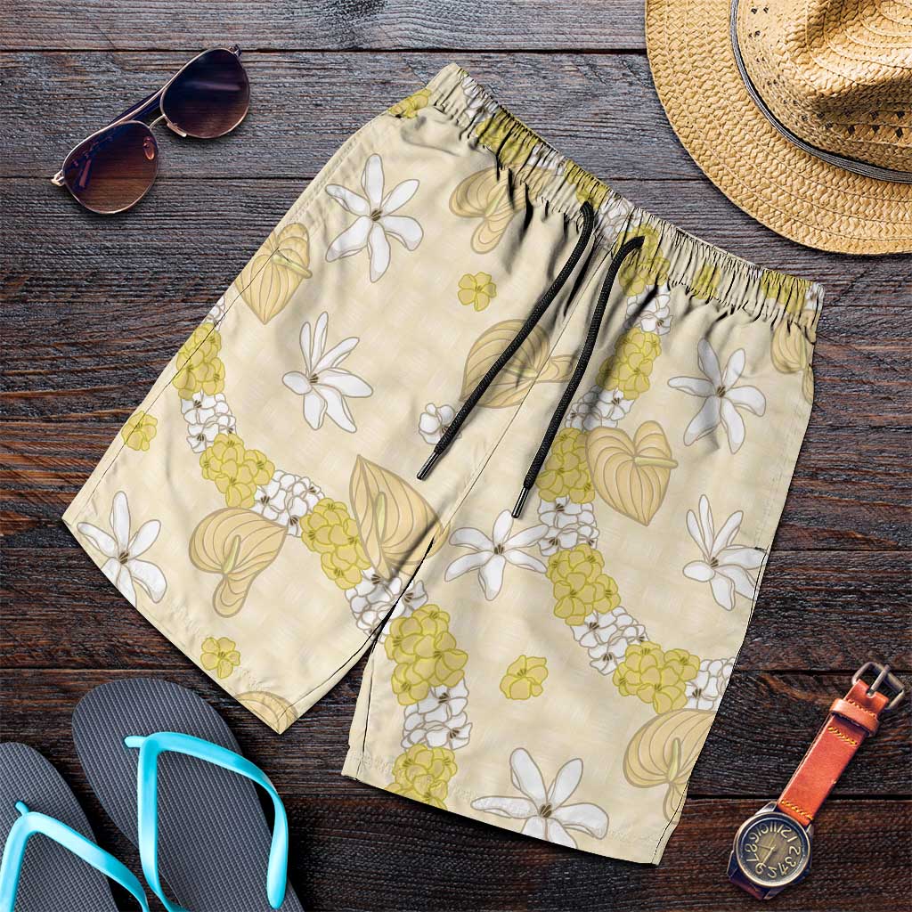 Hawaii Anthurium Tiare Pikake Lei Shorts for Men Melemele Lauhala Art Pattern LT01 Yellow - Polynesian Pride