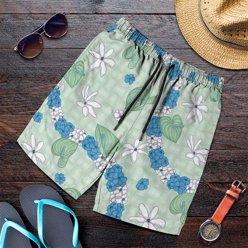Hawaii Anthurium Tiare Pikake Lei Shorts for Men Omaomao Lauhala Art Pattern LT01 Green - Polynesian Pride