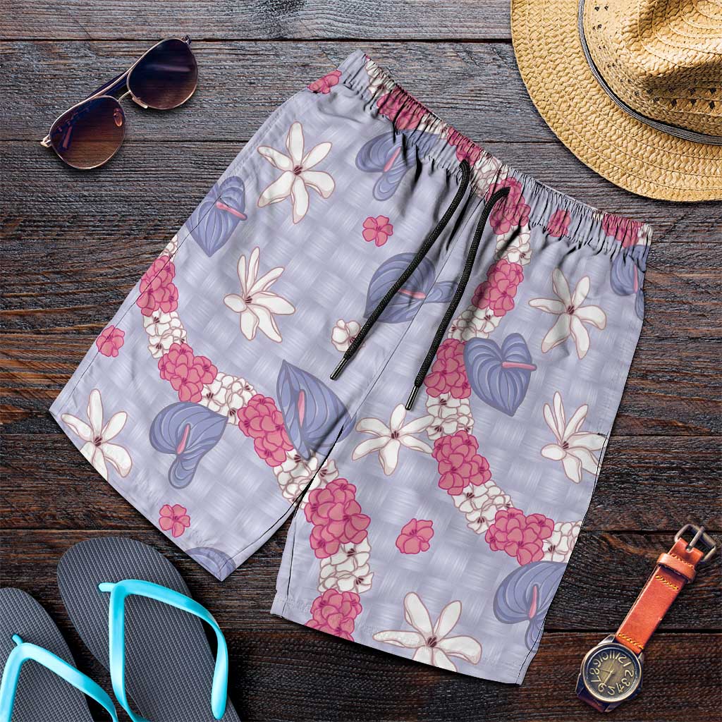 Hawaii Anthurium Tiare Pikake Lei Shorts for Men Poni Lauhala Art Pattern LT01 Purple - Polynesian Pride
