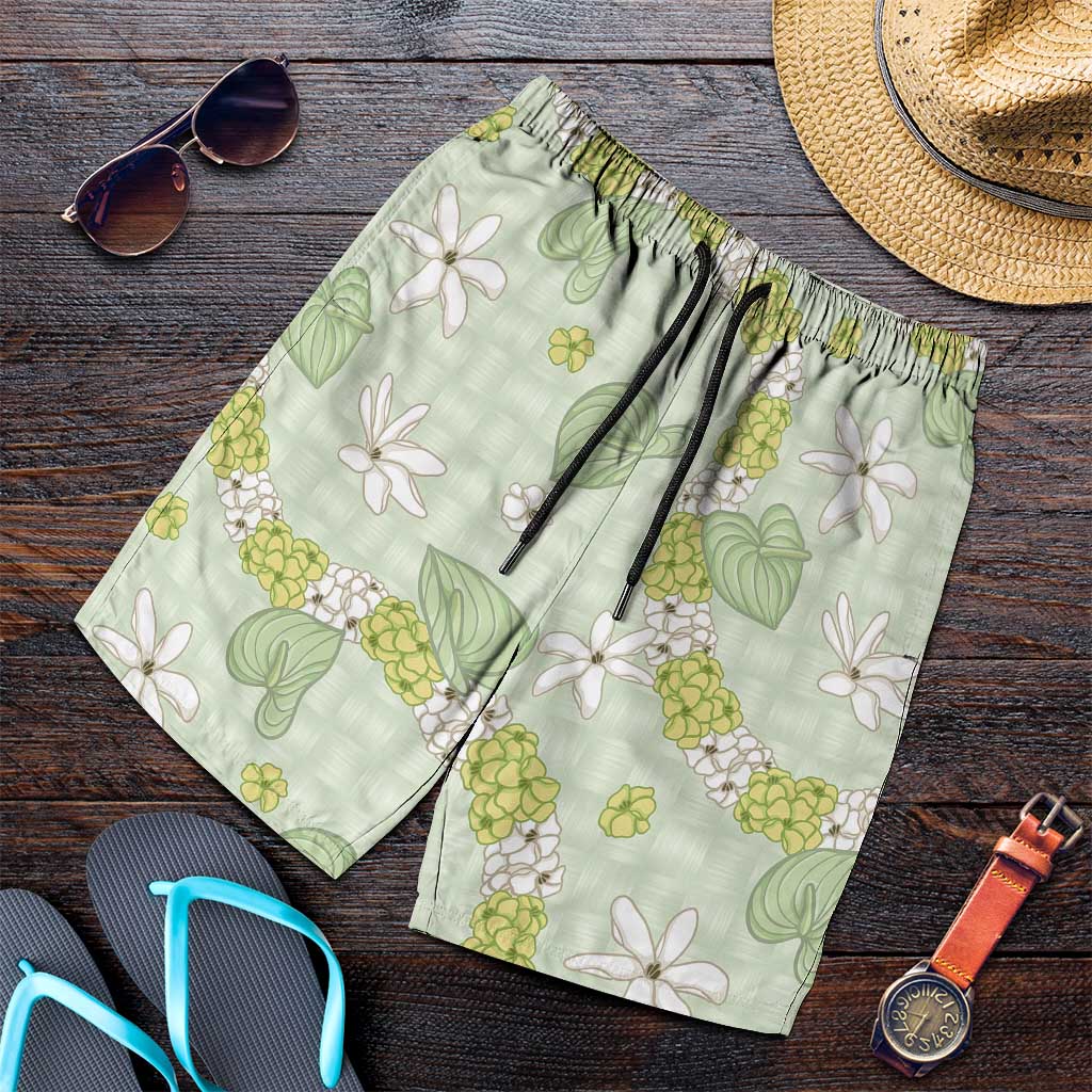 Hawaii Anthurium Tiare Pikake Lei Shorts for Men Sage Green Lauhala Art Pattern LT01 Green - Polynesian Pride
