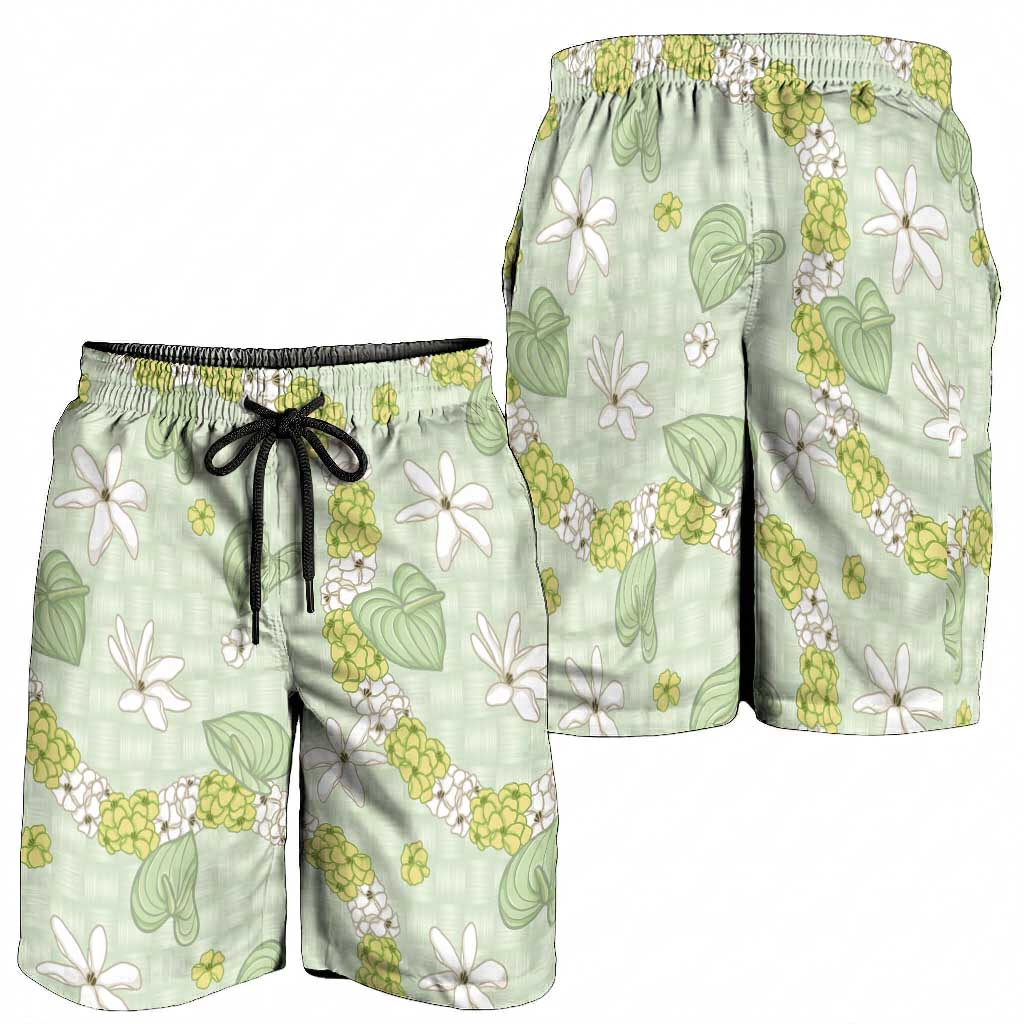 Hawaii Anthurium Tiare Pikake Lei Shorts for Men Sage Green Lauhala Art Pattern LT01 - Polynesian Pride