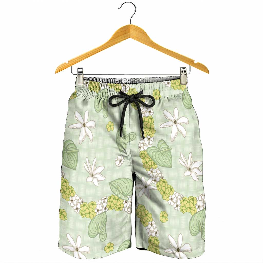 Hawaii Anthurium Tiare Pikake Lei Shorts for Men Sage Green Lauhala Art Pattern LT01 - Polynesian Pride