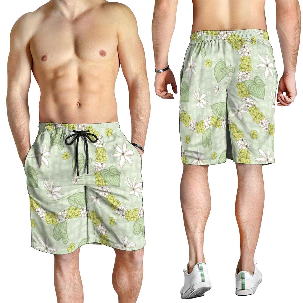 Hawaii Anthurium Tiare Pikake Lei Shorts for Men Sage Green Lauhala Art Pattern LT01 - Polynesian Pride