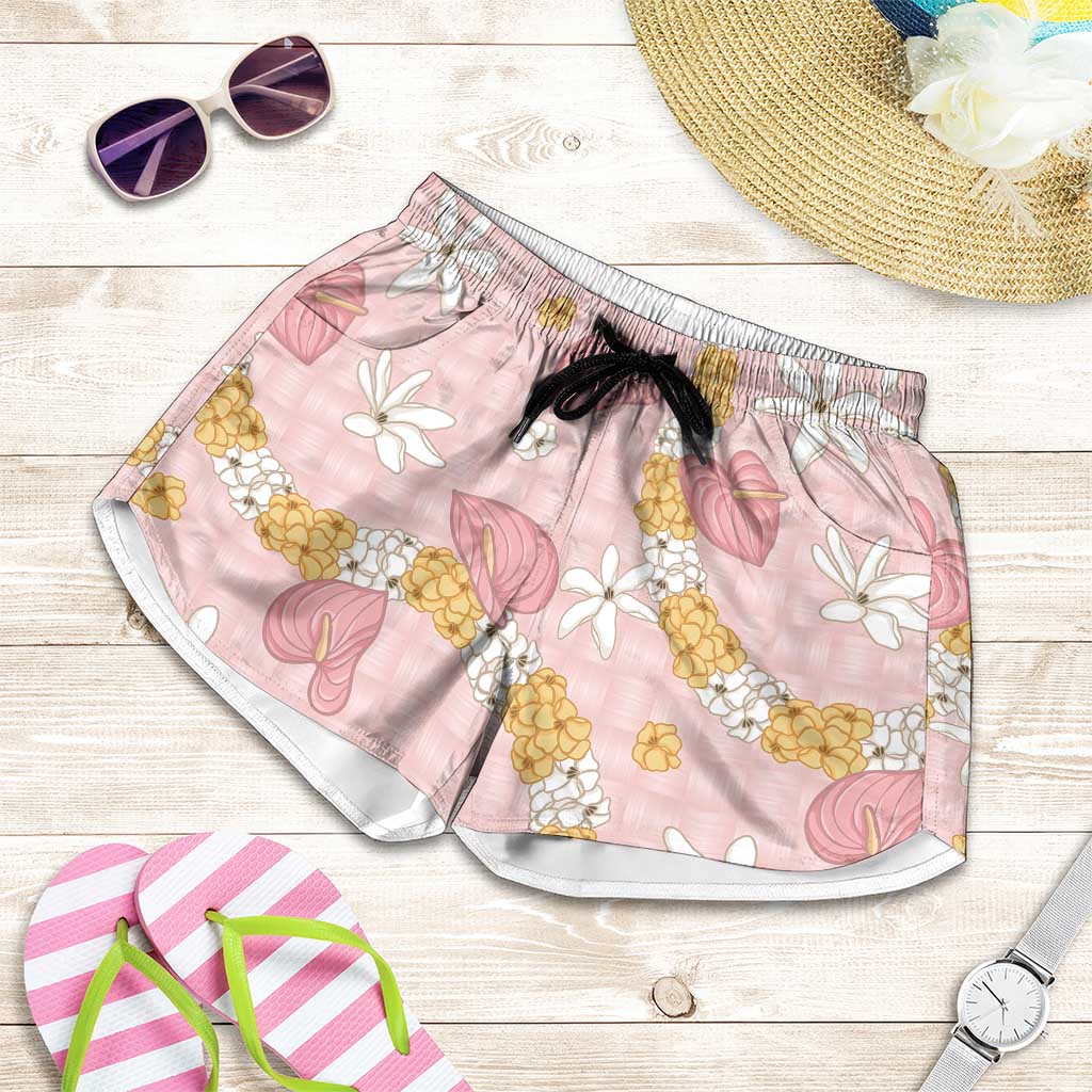 Hawaii Anthurium Tiare Pikake Lei Shorts for Women Akala Lauhala Art Pattern LT01 Pink - Polynesian Pride