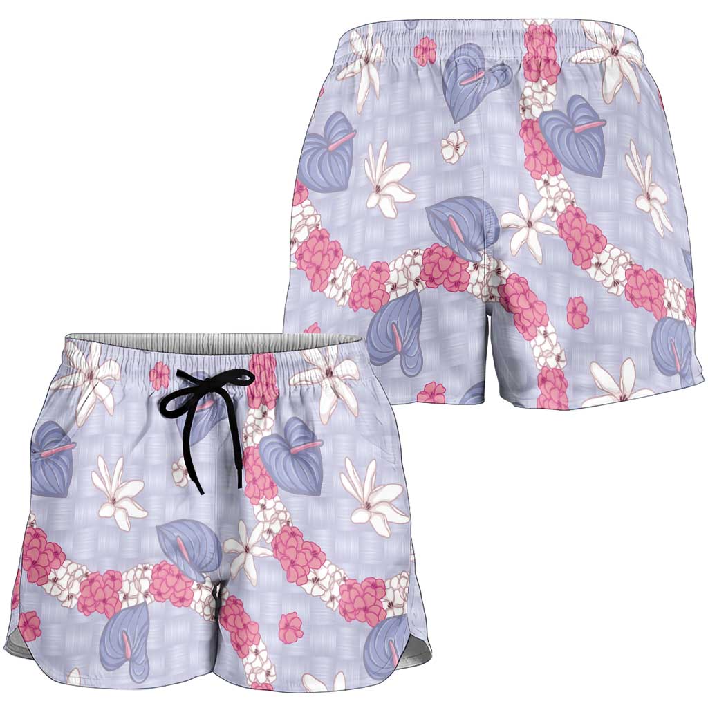 Hawaii Anthurium Tiare Pikake Lei Shorts for Women Poni Lauhala Art Pattern LT01 - Polynesian Pride