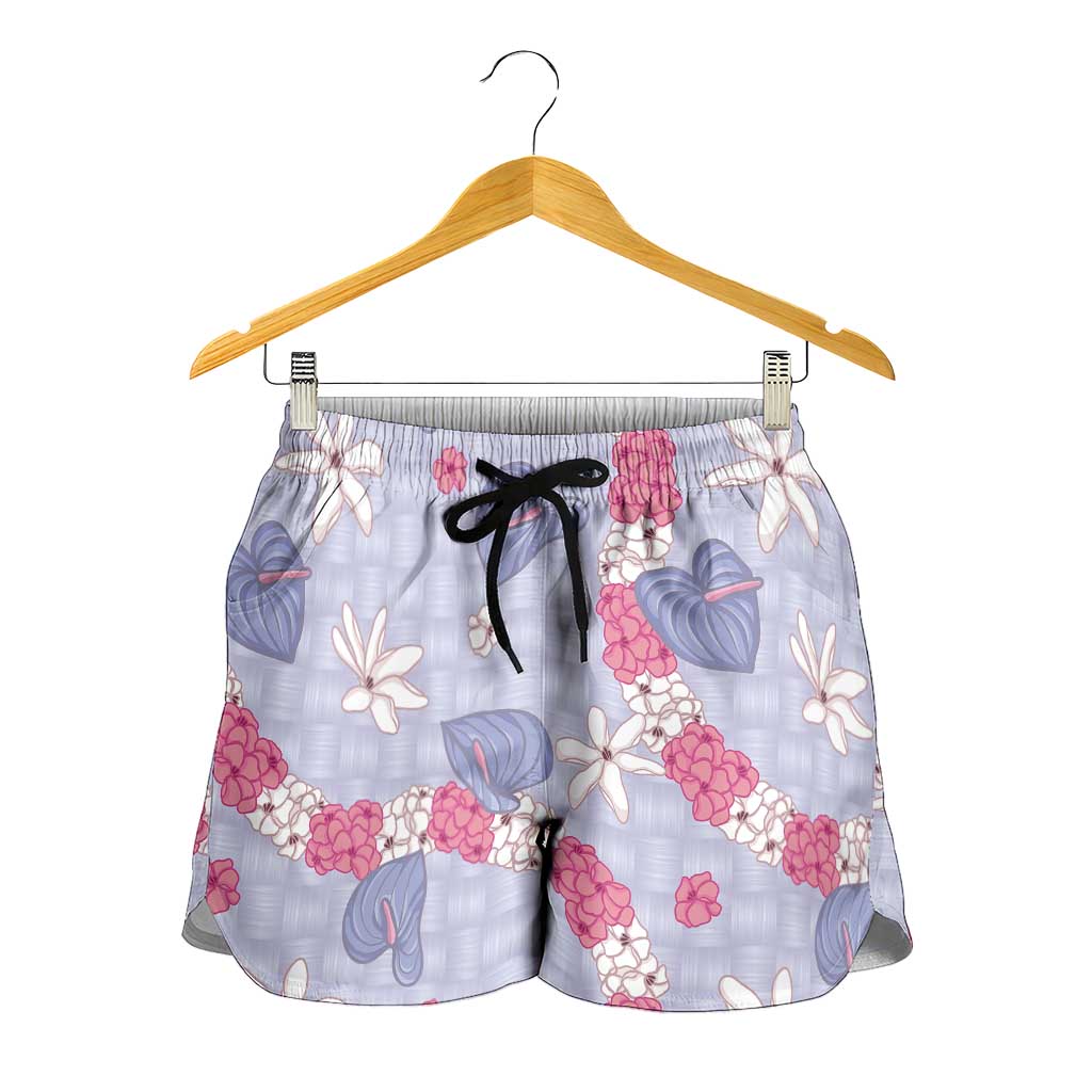 Hawaii Anthurium Tiare Pikake Lei Shorts for Women Poni Lauhala Art Pattern LT01 - Polynesian Pride
