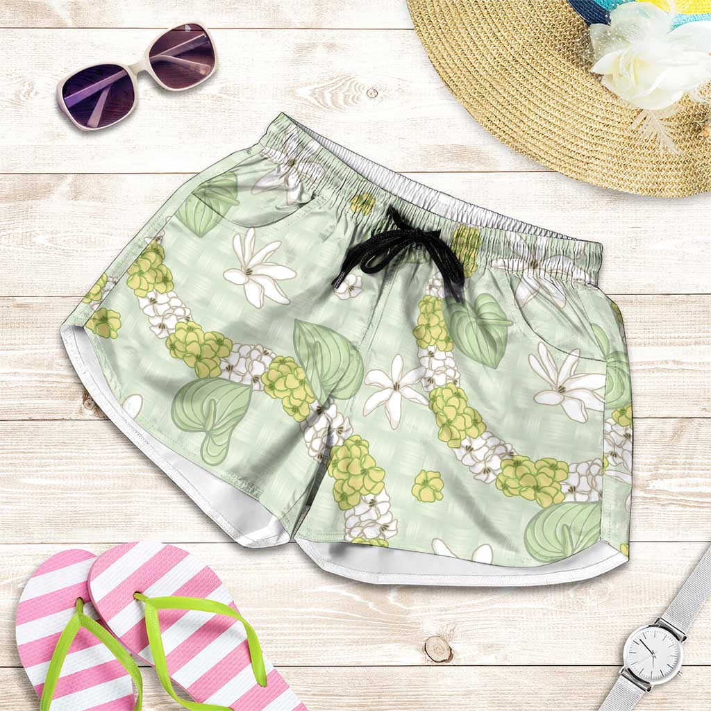 Hawaii Anthurium Tiare Pikake Lei Shorts for Women Sage Green Lauhala Art Pattern LT01 Green - Polynesian Pride